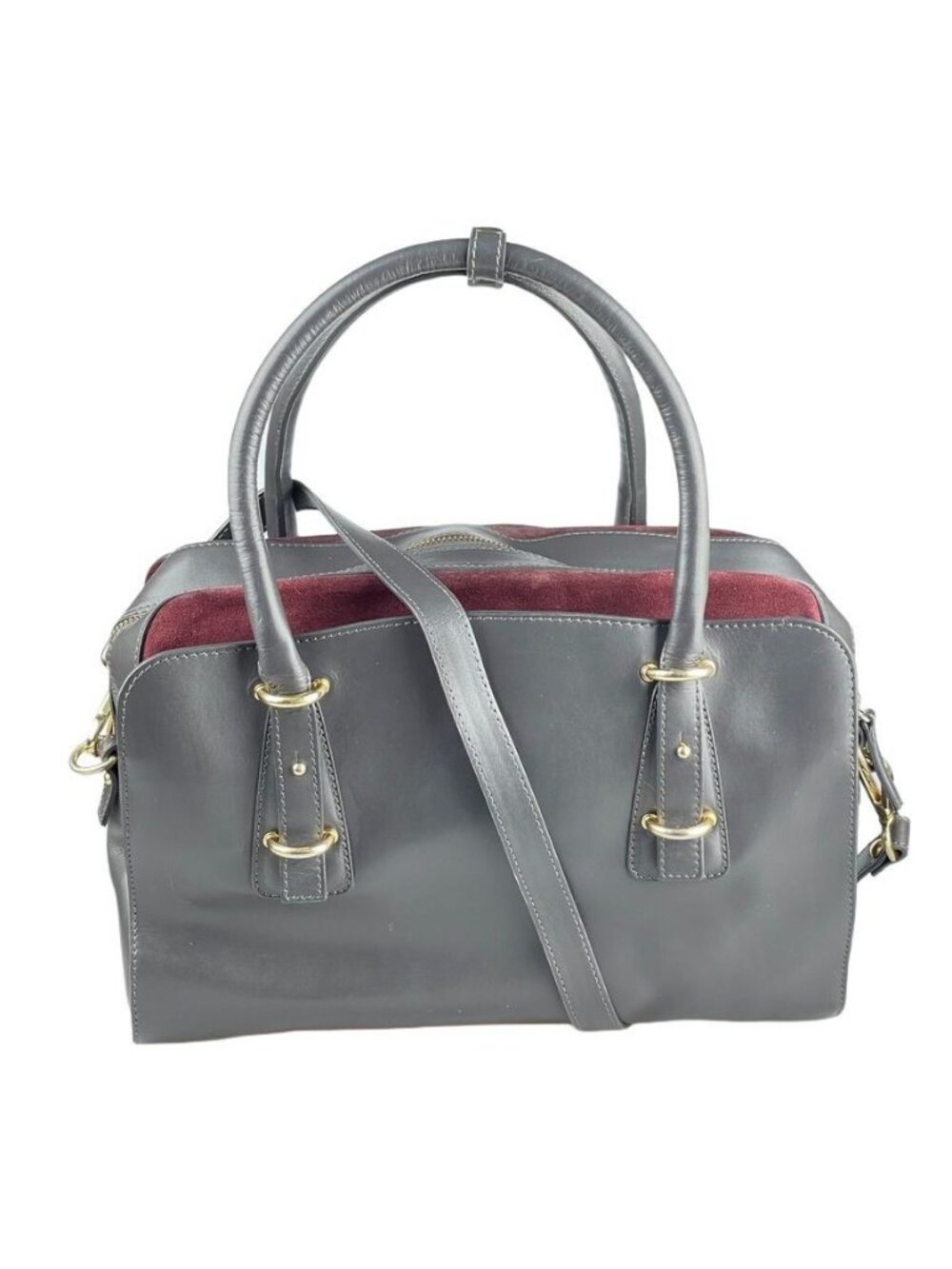 Alberta Di Canio Genuine Leather Gray & Burgundy Satchel With Gold Hardware And